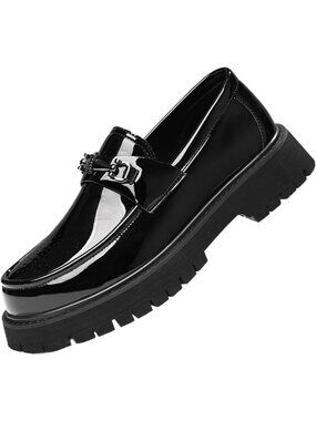 Men’s Black Shine Patent Leather Platform Loafers Non Slip Dress Shoes Casual